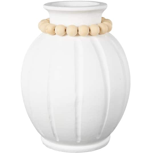 15.25" White with Light Brown Beads & Carved Grooves Decorative Vase